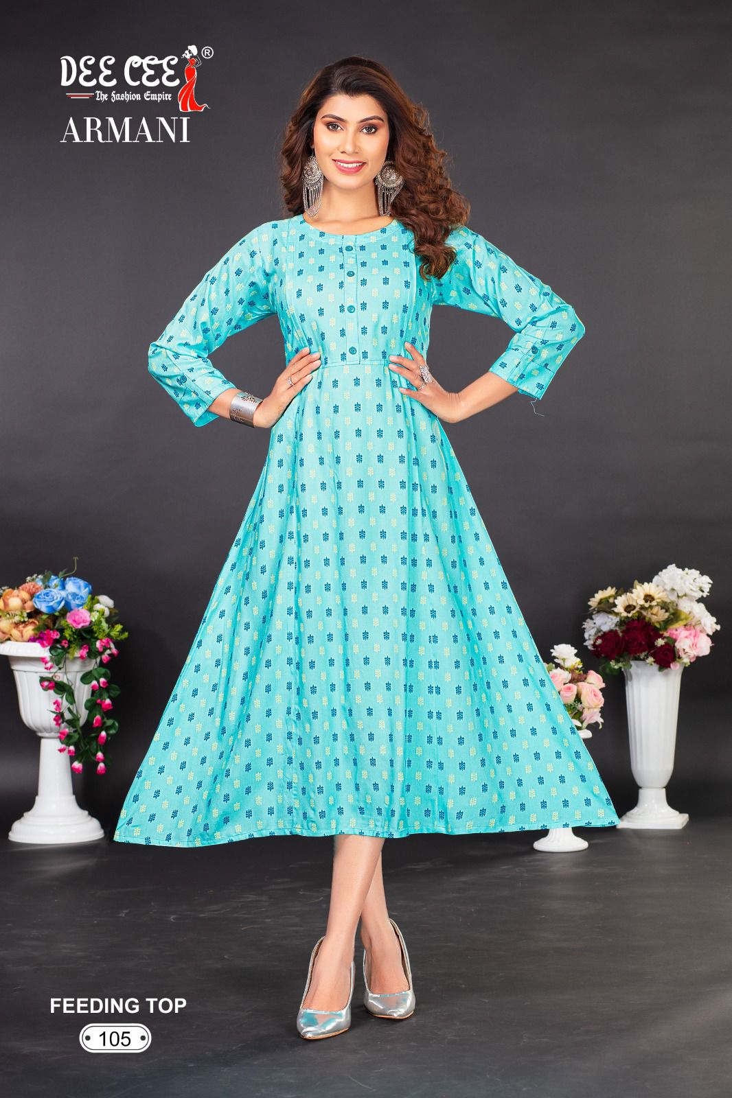 Armani By Dee Cee Flaired Rayon Printed Feeding Kurtis Wholesale Clothing Suppliers In India